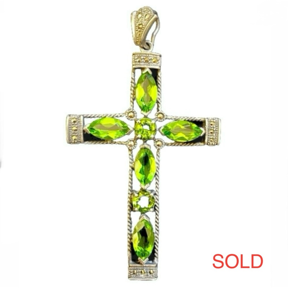 Sterling Silver Cross Pendant with Green Stones